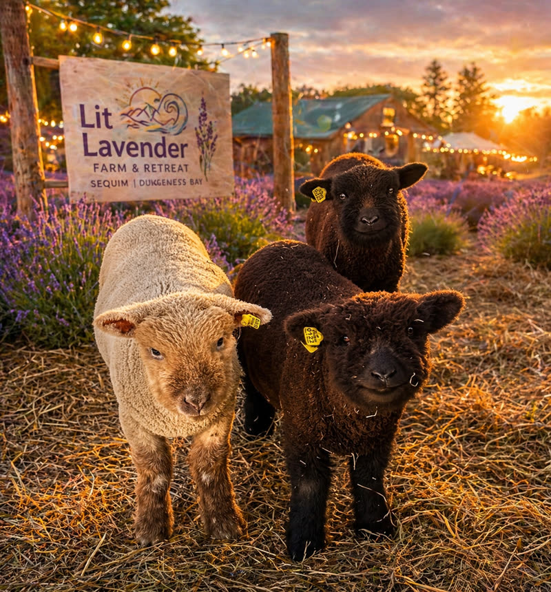 Three young babydoll lambs at Lit Lavender — one cream and two black, on hay